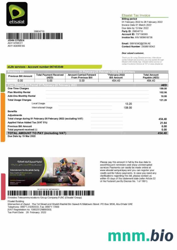 Szablon rachunku za media ZEA Etisalat w formacie Word i PDF